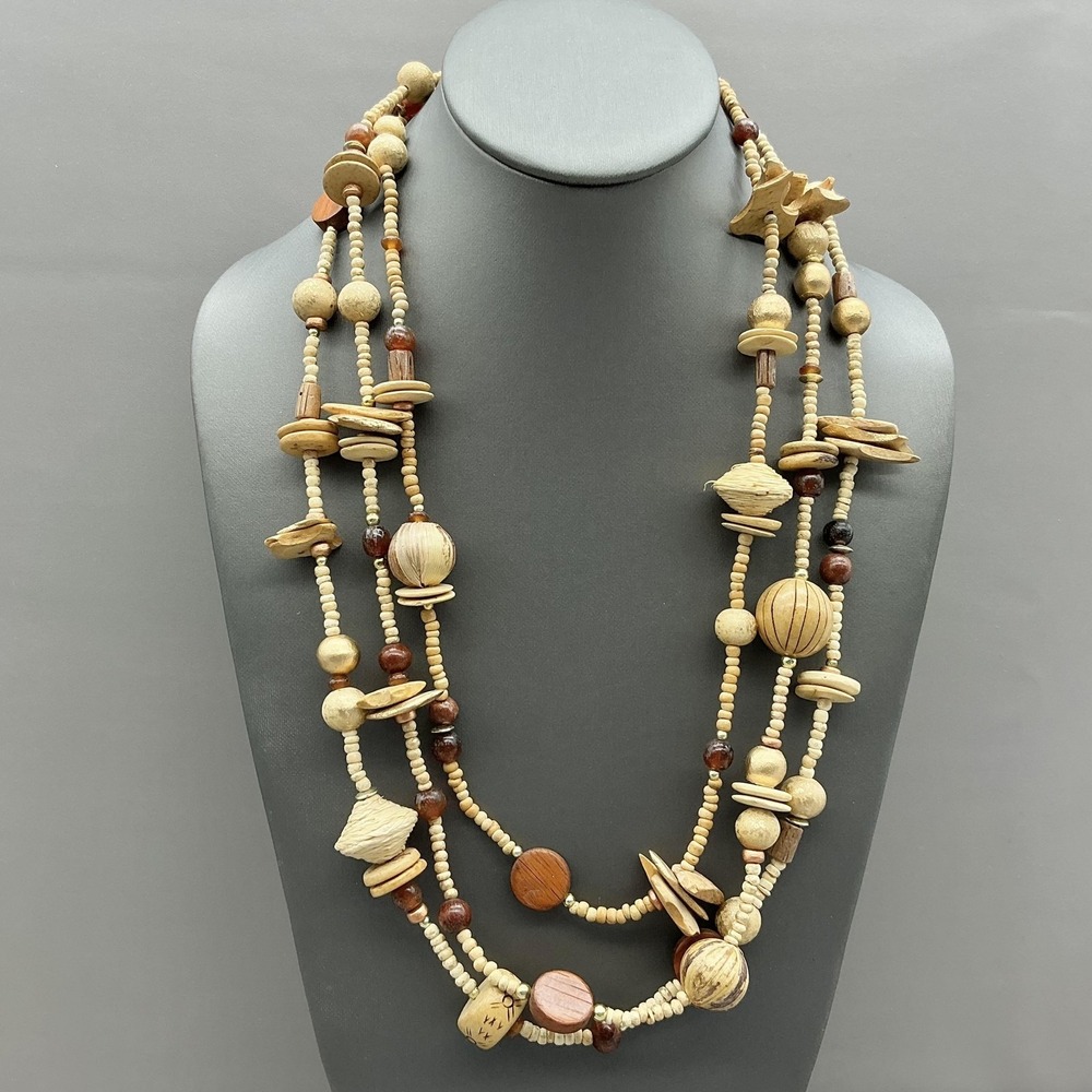 Necklace Beige Wood‎ Beaded Layered Boho Statement Long Fashion Jewelry Womens